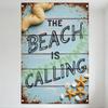 THE BEACH IS CALLING Metal Tin Sign, Light Blue Wooden Planks Background with Seashells, Starfish Rusty Brown Border Gold Specks