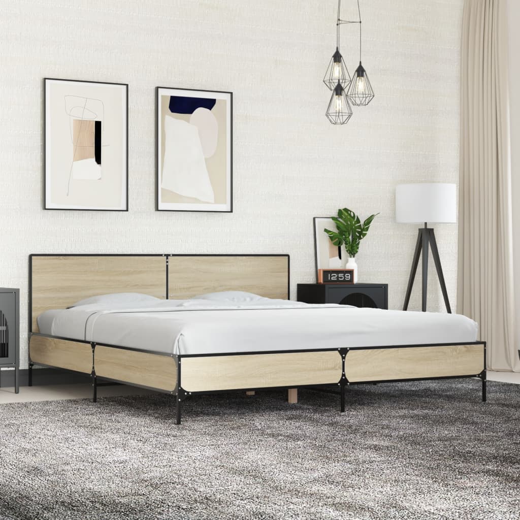 Bed Frame in Sonoma Oak Finish 180 x 200 cm Made of Engineered Wood and Metal