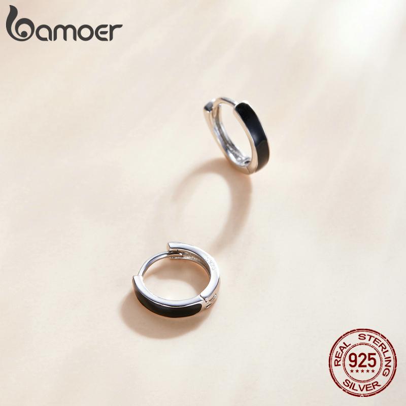 Bamoer Черные Серьги-Кольца для Женщин 100% Стерлинговое Серебро 925 Пробы Эмаль Масляная Капля Серьги Вечерние Украшения SCE1047
