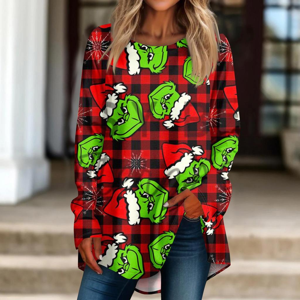 Женская рождественская принтовая рубашка с длинным рукавом, круглый вырез, пуловер, футболка, топ, пуловер