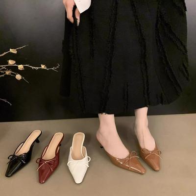 Новые летние туфли-мюли на среднем шпильке с бантом, с закрытым носком, полушлепанцы, женские, большого размера, на высоком каблуке, одинарные туфли, крутые шлепанцы