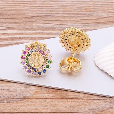Nidin Fashion Copper Zircon Jesus & Virgin Mary Earrings Round Shape Stud Earrings for Women Lady Fine Religious Jewelry Gift