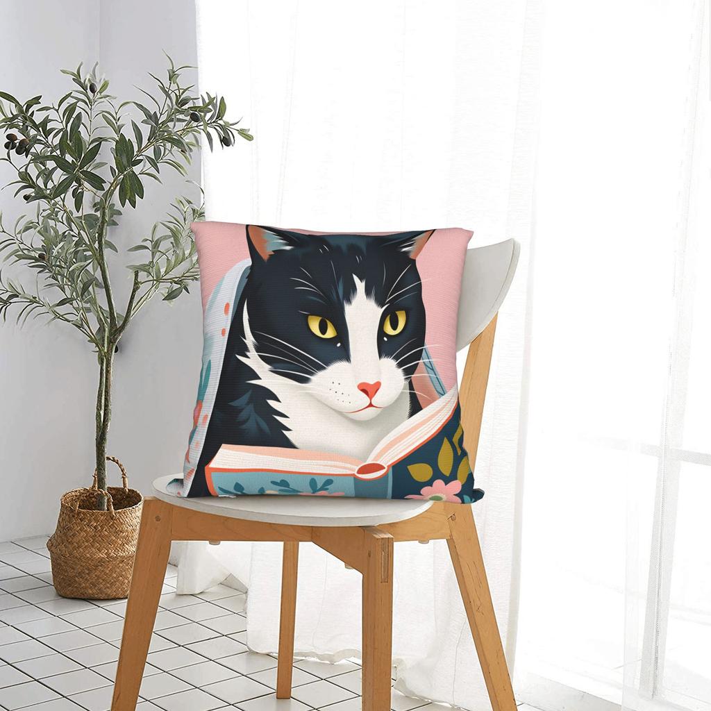 Whimsical Reading Cat Pillow Case Vintage Pillow Cover Comfy Pillowcases For Sofa Home Decor