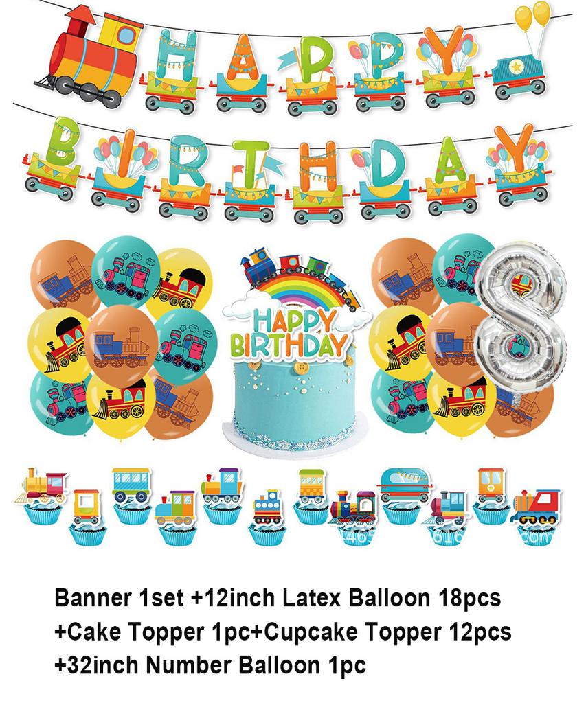 Cartoon Train Theme Birthday Party Decoration Number Balloons Cake Topper Transportation Vehicles Backdrop Banner Party Supplies