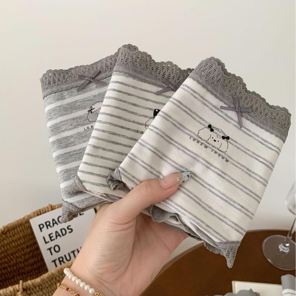A053 Женские мягкие серые и белые полосатые трусы-треугольники - Гипоаллергенные, облегающие бедра, из чистого хлопка, антибактериальные. Стиль для подростков, Коллекция 2025.