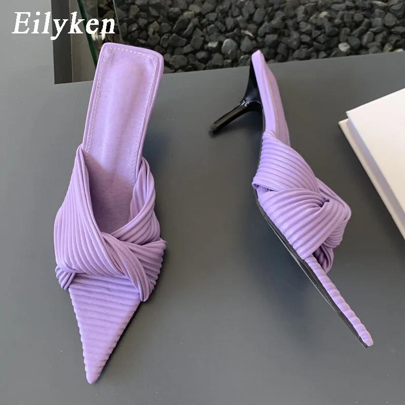 Модные Eilyken Новый Летний Дизайн Плиссированные Женские Шлепанцы Тонкий Низкий Каблук Остроносые Женские Сексуальные Вечерние Туфли-Лодочки Сандалии Обувь Zapatos De Mujer
