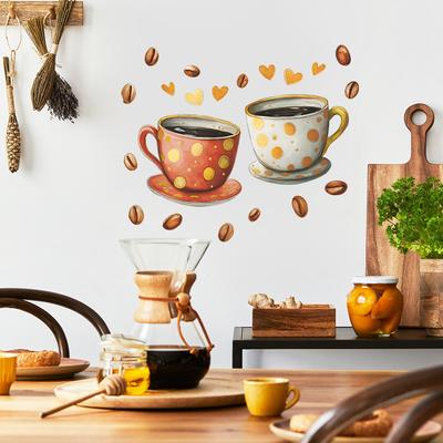 Кофейная чашка, кофейные зерна и наклейки для украшения стен дома на любящей ресторанной кухне