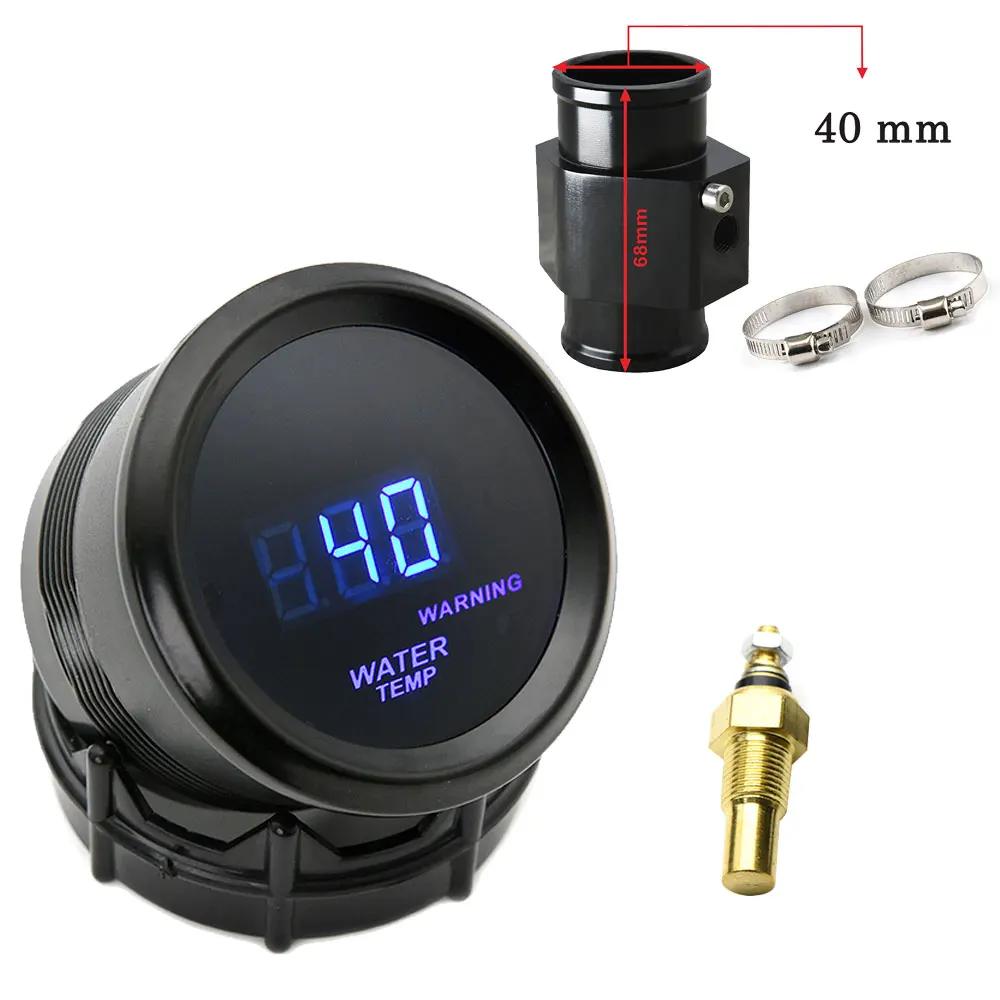 52mm Water Temperature Gauge Blue LED Light with 16mm-40mm Joint Pipe Adapter Black/Blue with Water Temp 1/8NPT Sensor