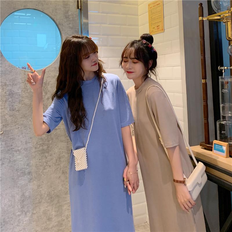 Summer Casual Long Knee Split Short Sleeve Nightgown Women's Plus Size Loose Straight T-Shirt Dress