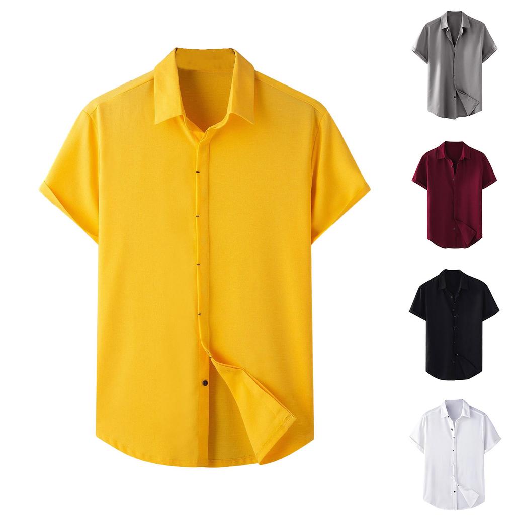 Men'S Fashion Collar Solid Color Shirt Casual Short Sleeved Top