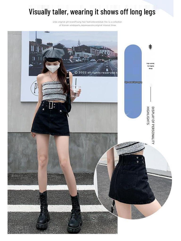 Korean Style Denim Mini Skort: Sweet & Spicy A-Line with Belt, Summer 2024 Fashion for Women