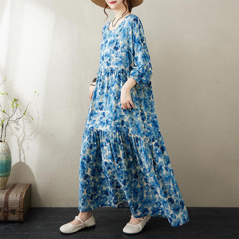 Autumn Thin Cotton Linen Fat MM Long Sleeved Loose Casual Slimming Cake Big Swing A-line Dress for Women Dresses