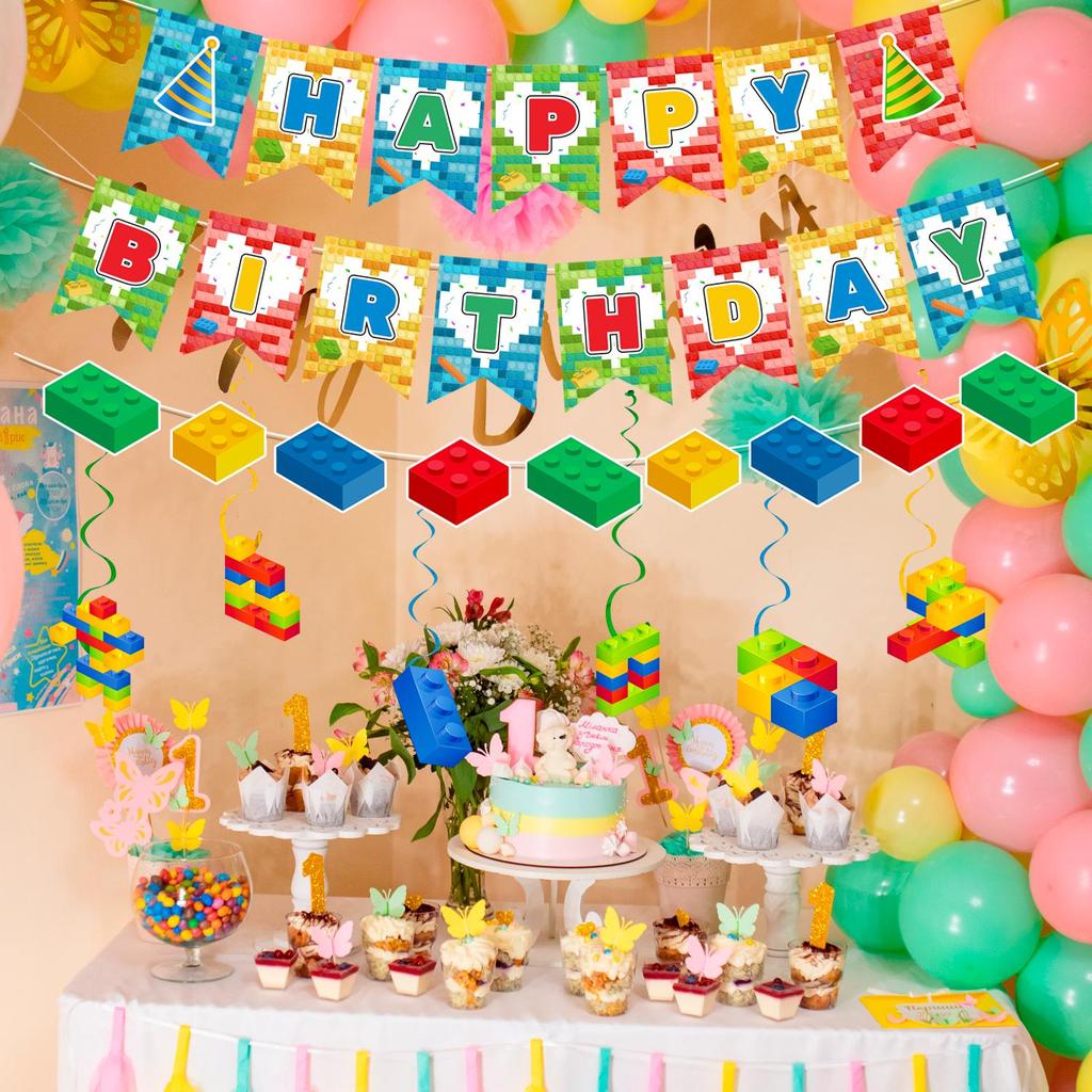 Building Block Party Decorations Banner Swirls, 7PCS Building Blocks Hanging Swirls Decoration Building Blocks Birthday Banner
