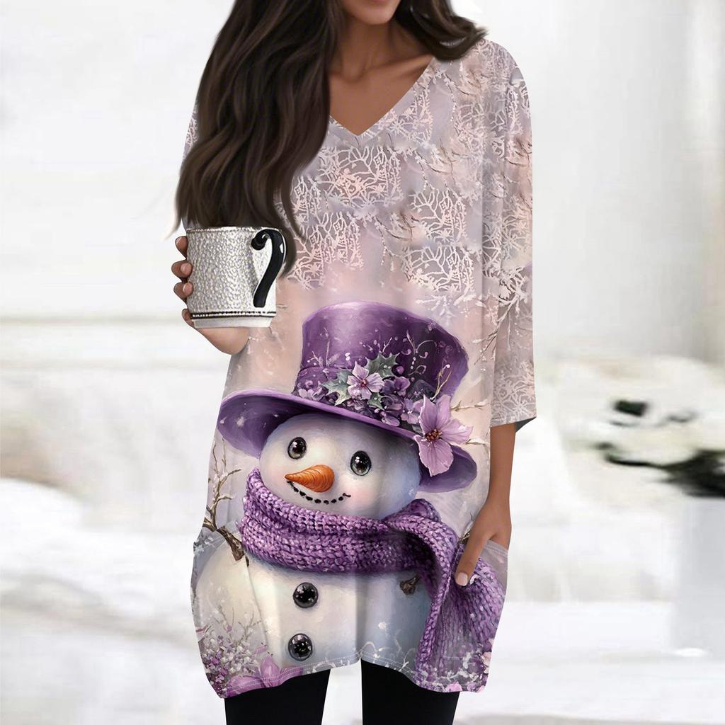 Женские топы с V-образным вырезом и рукавом 3/4, повседневные блузки средней длины, модные туники с рождественским принтом и карманами