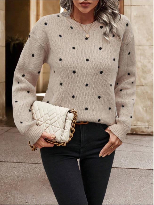 European & American Women's Polka Dot Round Neck Long Sleeve Sweater