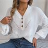 GMXIA Women's Fashion Casual Solid Color Autumn Winter Long Sleeve V-neck Loose Hollow-out Button Lantern Sleeve Pullover Sweater