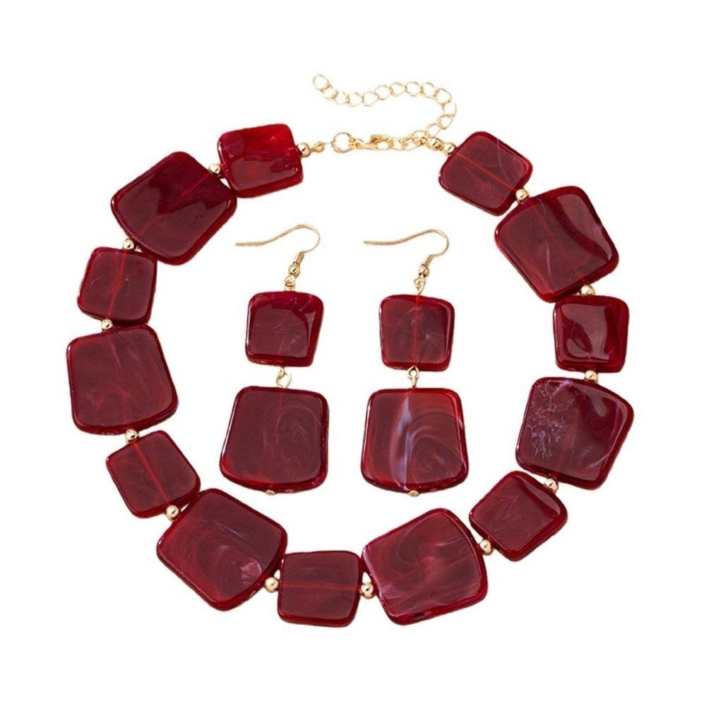 Wine Red Stud Earrings Resin Neck Chain Retro Necklace Earrings Set for Women