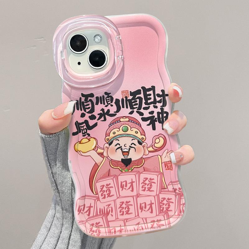 Розовый Бог Богатства Подходит для iPhone16 Чехол для iPhone 15 Двойной кронштейн Promax 14 Силиконовый 13 Китайский стиль 12