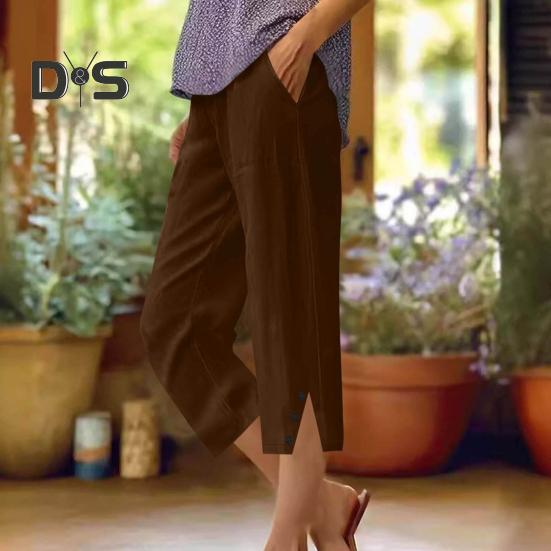 Женские укороченные брюки с эластичной талией, широкие пляжные брюки с карманами, однотонные повседневные брюки свободного кроя