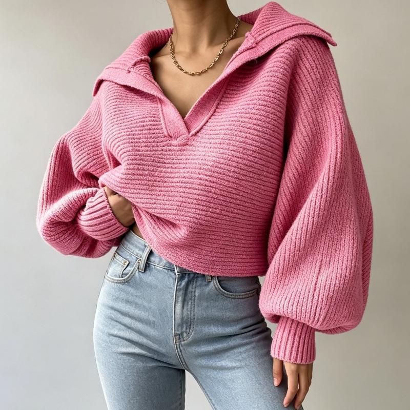 Autumn And Winter New Knitted Sweater Knitted Sweater Lapel Pullover Women'S Top