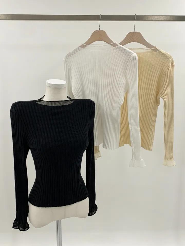 Chic Sheer Knit Top for Women – Long Sleeve, Half Neck, Ribbed Slim Fit, Office, Casual, Date Wear