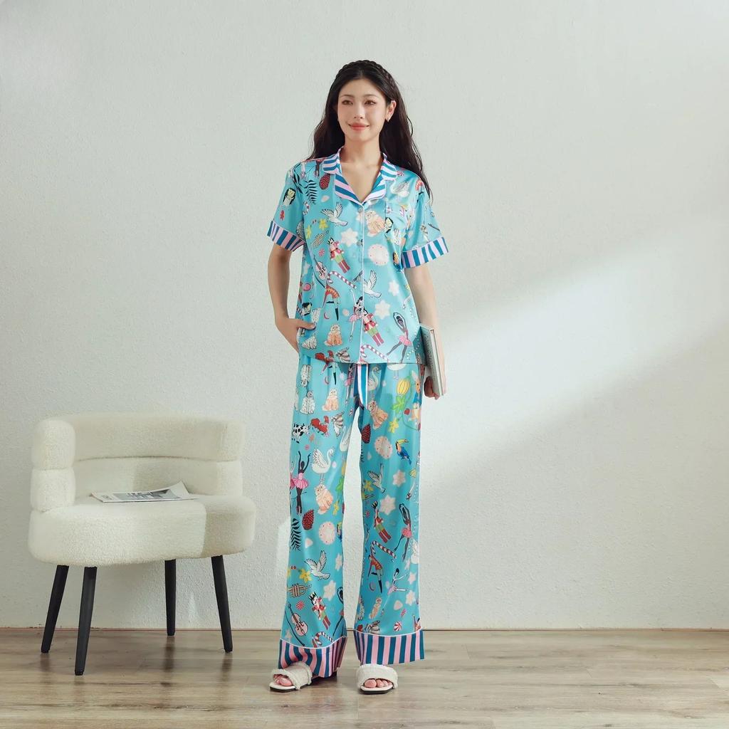 Новый французский женский комплект пижамы Ice Silk Printed со средним рукавом, с эксклюзивным дизайном, домашний костюм с лацканами Ins Style, пижама