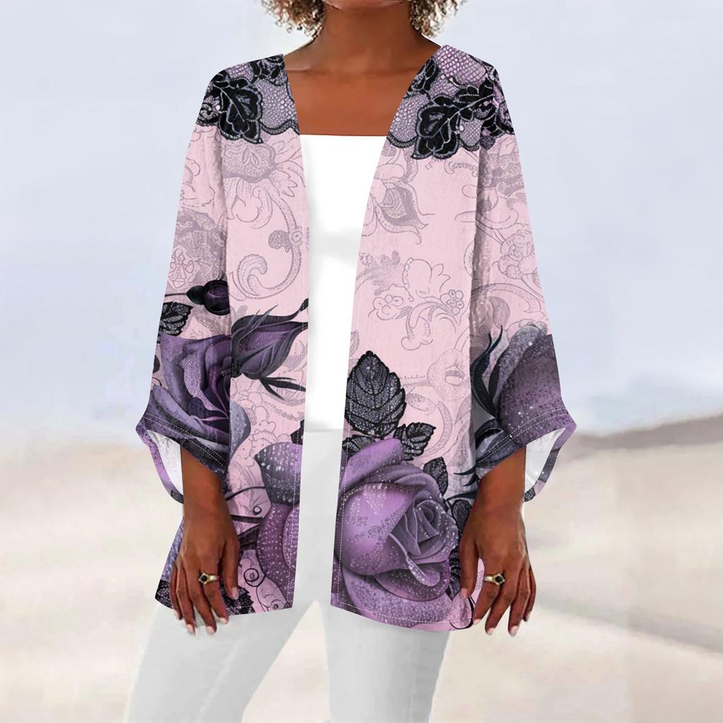 Women's Casual Fashion Caot Retro Printed Lightweight Medium Length Jacket Cardigan