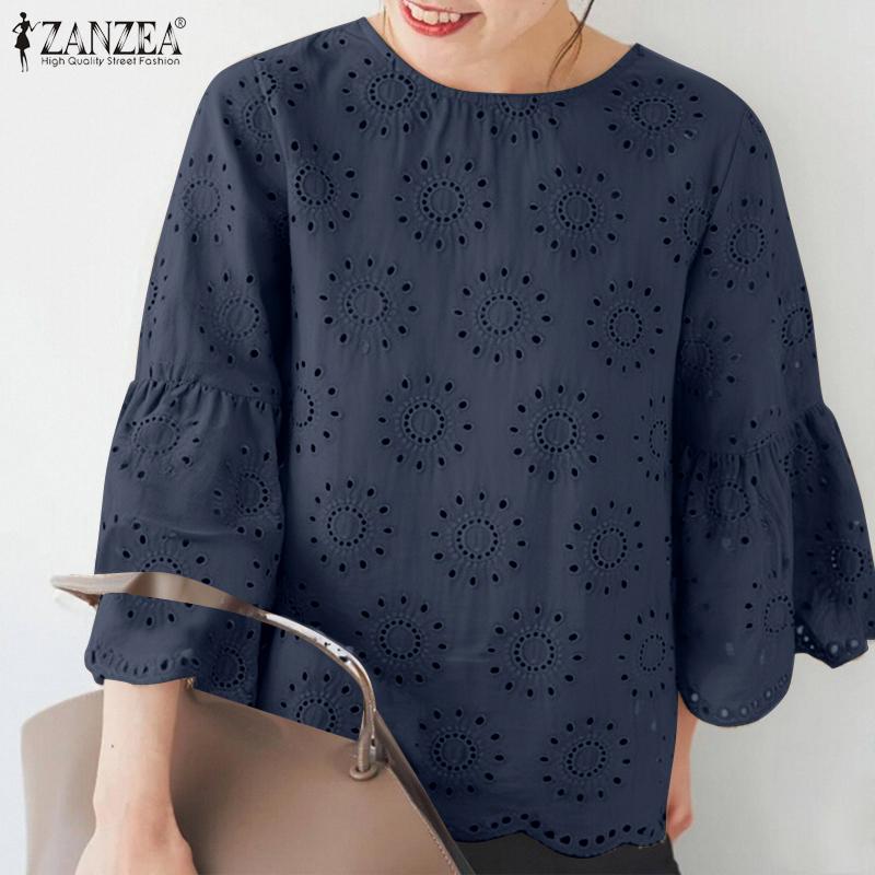 ZANZEA Женская повседневная блузка с круглым вырезом и рукавом 3/4, свободная кружевная блузка в стиле пэчворк