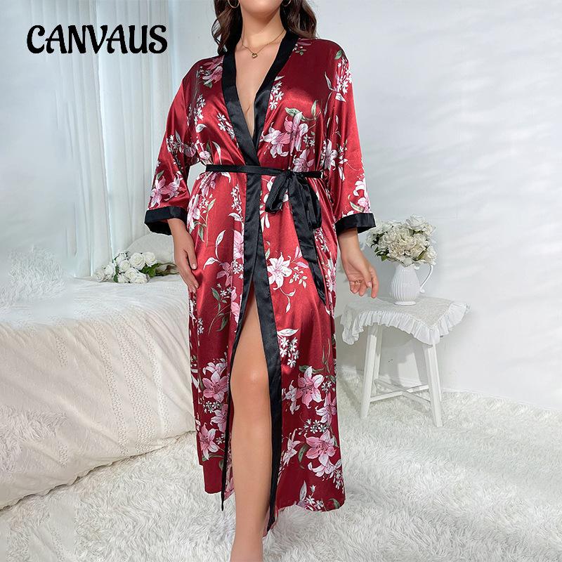 Plus Size Nightgown Fashion Casual Loose Printed Long Simulation Silk Sexy Sleeping Robe