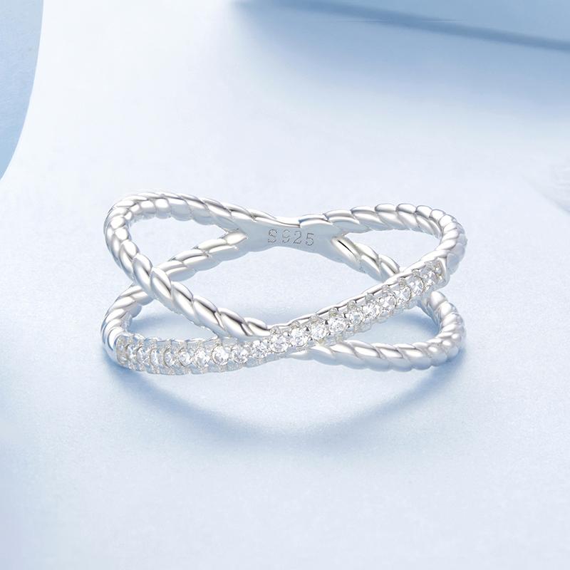 BAMOER 14K Gold Plated X Ring Simulated Diamond CZ Criss Cross Ring for Women, 925 Sterling Silver Eternity Wedding Band Ring