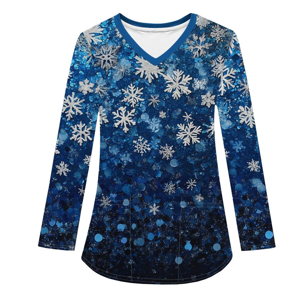 Женская модная рабочая одежда с V-образным вырезом, длинным рукавом и карманом, рождественский принт, футболка, топ