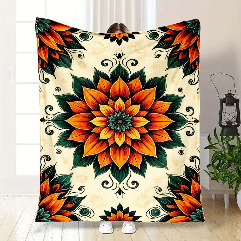 "Bohemian Floral Tapestry: Vibrant Orange & Green Decorative Wall Hanging"Blanket Flannel Throw Blanket for Sofa, Bed, Travel, Camping, Offi