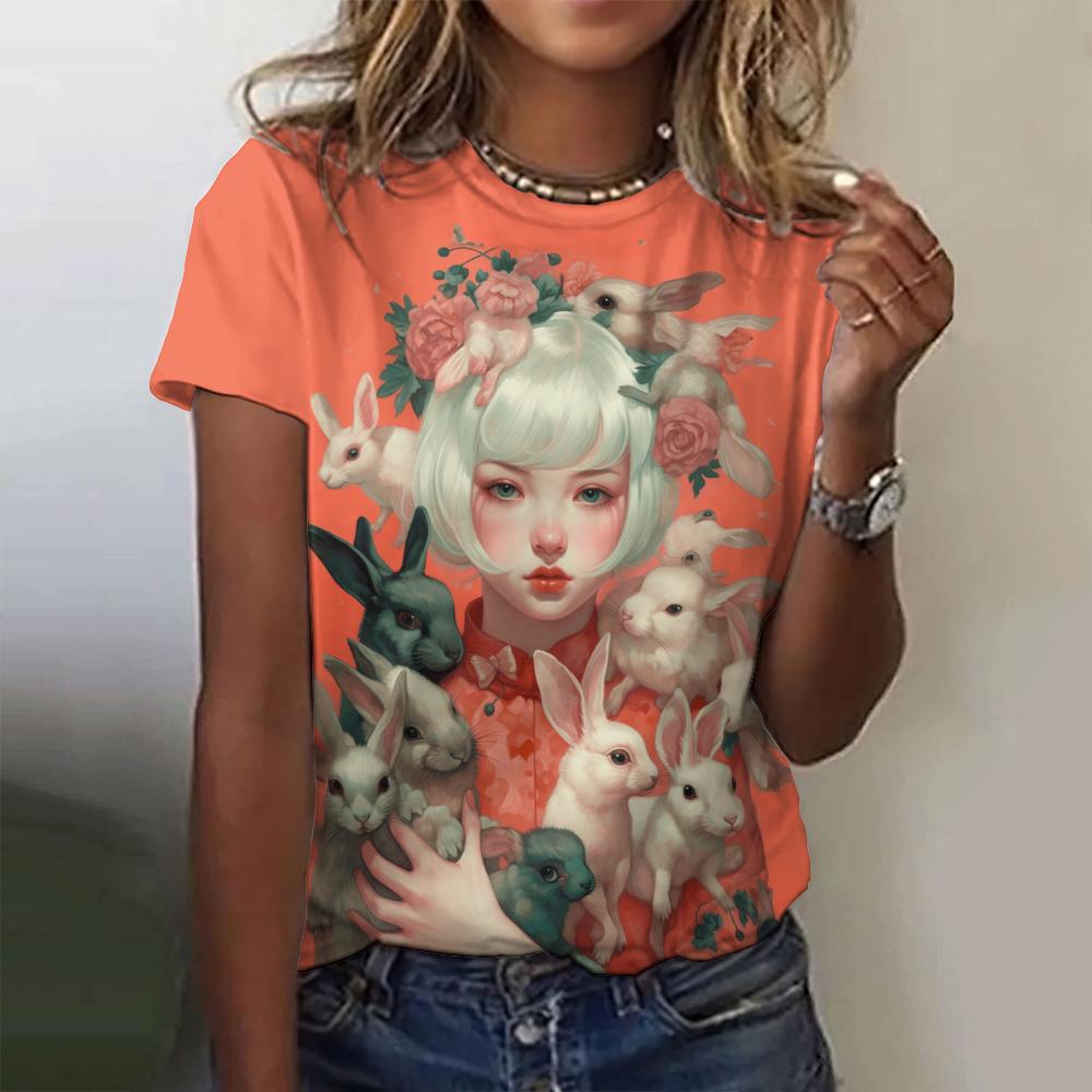 2024 Летняя мода 3D цветной принтованный мультфильм женская футболка уличная удобная свободная круглая горловина короткий рукав топ