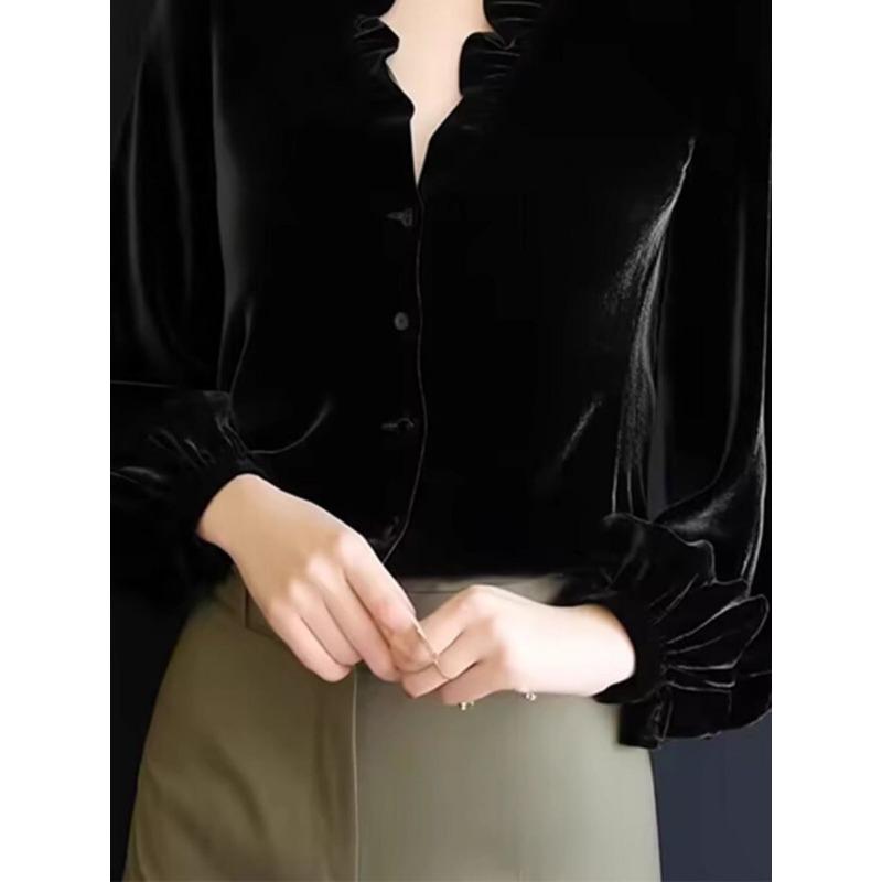 French Retro Gold Velvet Spliced Top Autumn Winter New Long-sleeved Celebrity Shirt