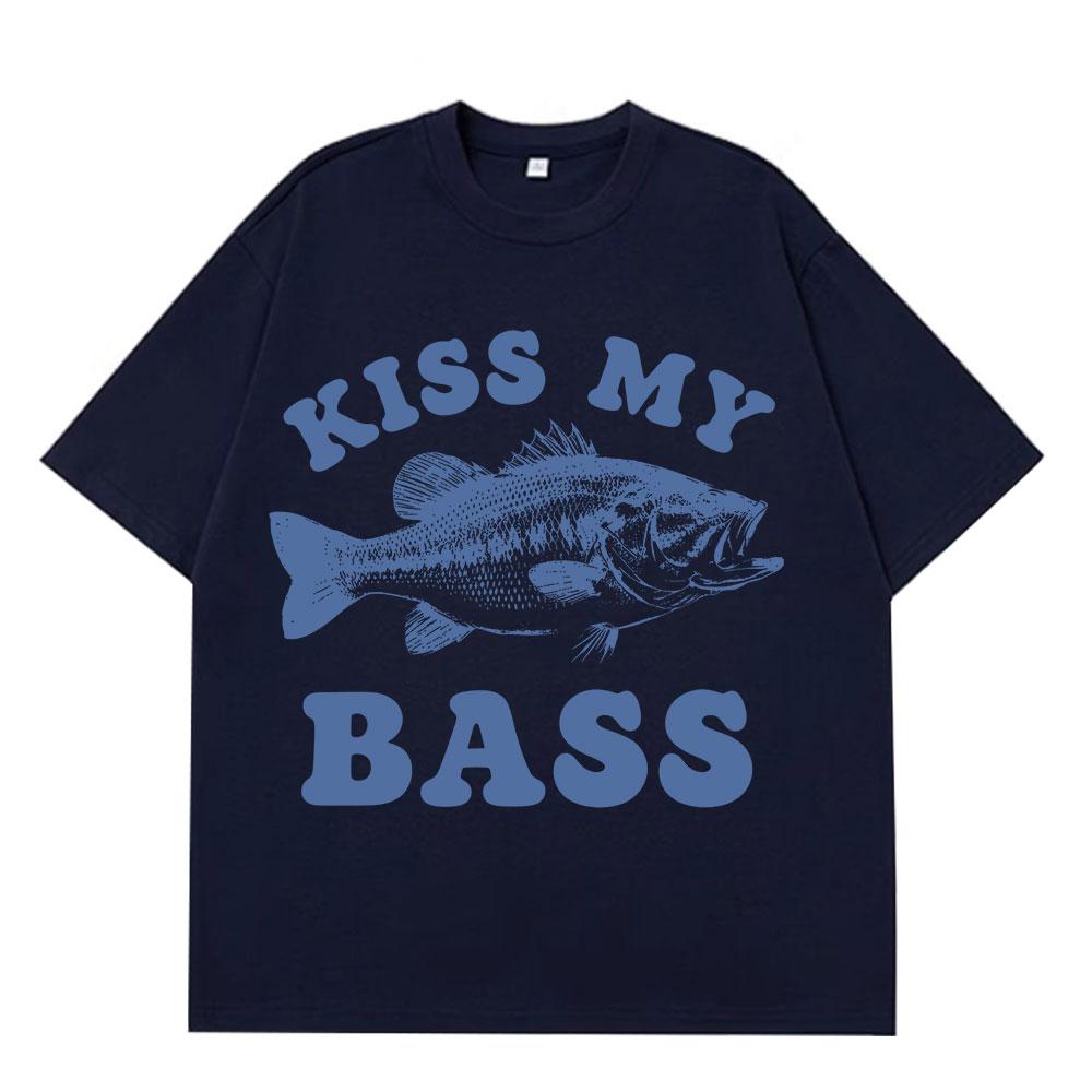 Ретро Футболка для Рыбалки Kiss My Bass Смешной Мем Футболка Унисекс Женская Модная Одежда Футболка Летняя Хлопковая Повседневная Харадзюку Футболки