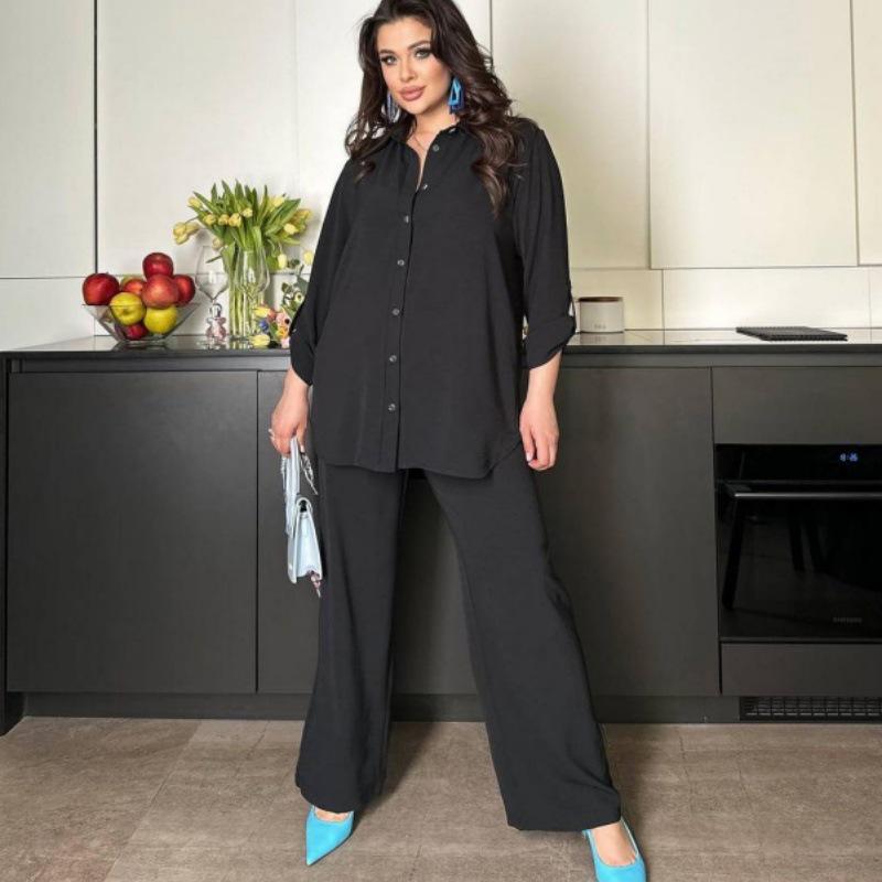Женская мода 2025 года: Свободный топ с длинным рукавом и брюки прямого кроя, комплект из двух предметов