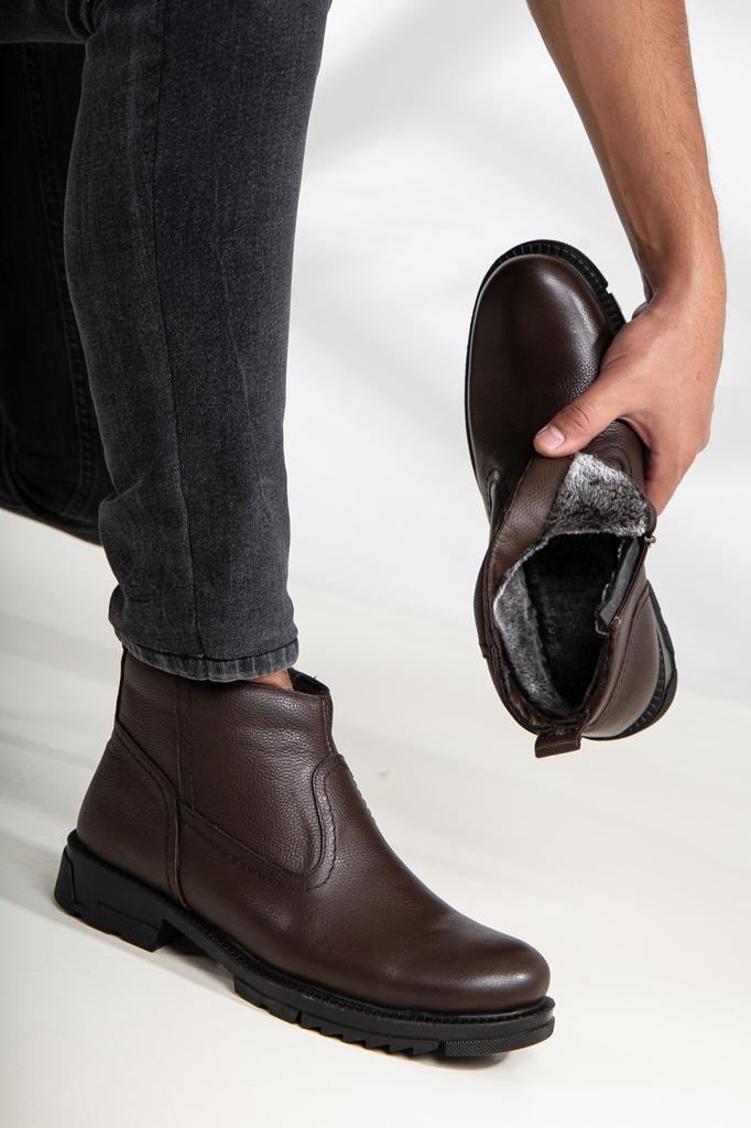 Men's Fashion Genuine Leather Thick Heeled Booties Furry Cold Proof Casual Boots Shoes