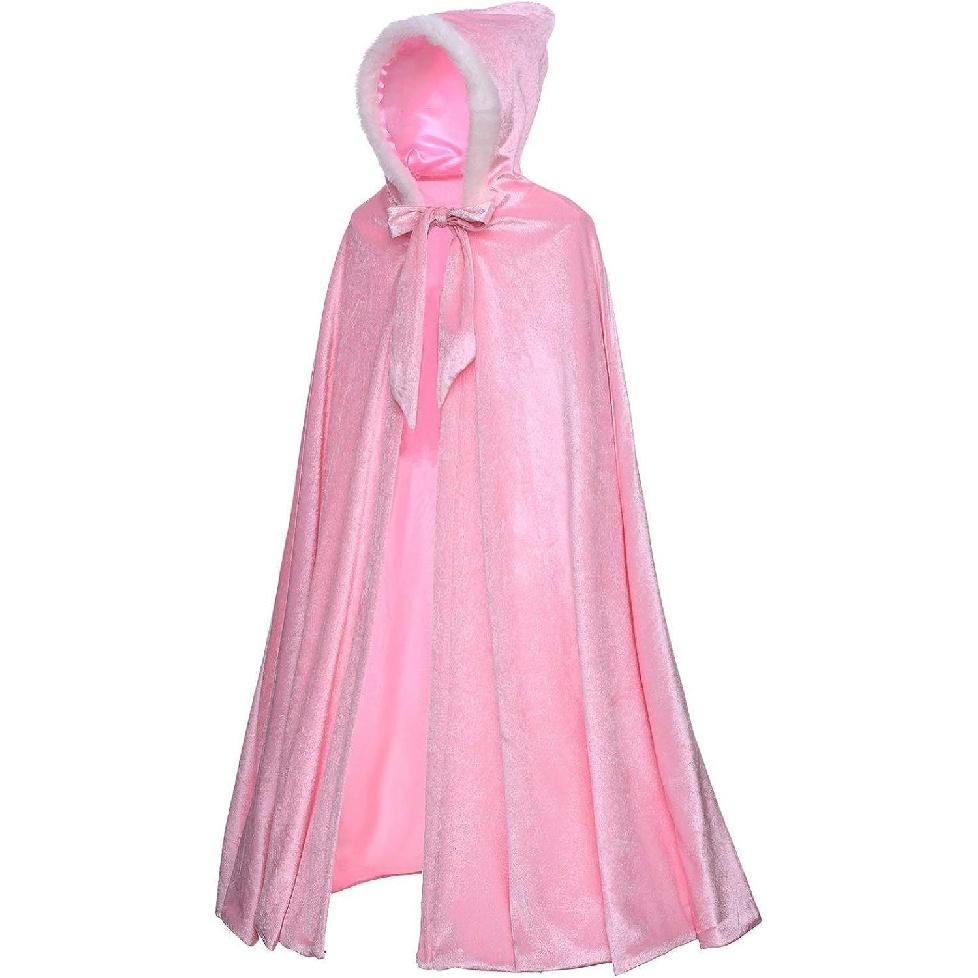 Single-layer Halloween cape with a hat, featuring a fluffy trim, a winter cape design, a hood, and ties, in a European and American style