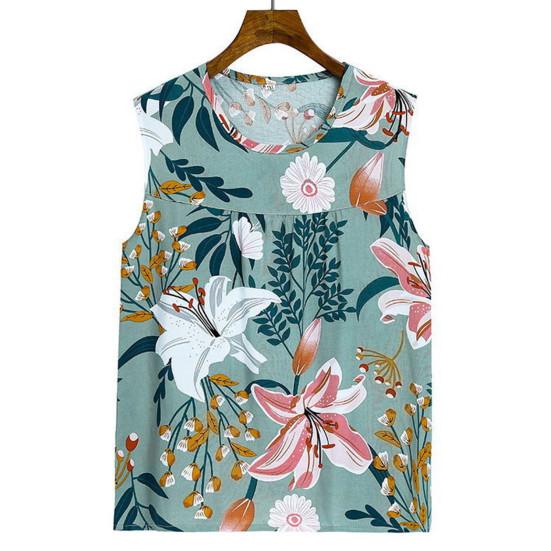 2 Pcs/Set Women Vest Pants Set Flower Print Round Neck Sleeveless Loose Pleated Elastic Waist Wide Leg Casual Homewear Mid-aged Mother Pajamas Set