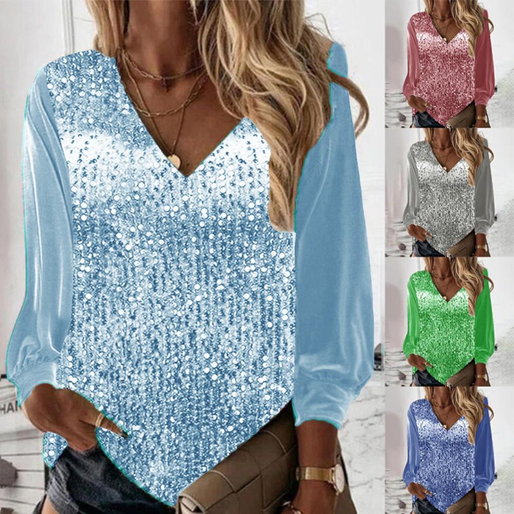 Women V-neck Sequin Long Sleeved Shirt Solid Color Loose Blouse Top Streetwear