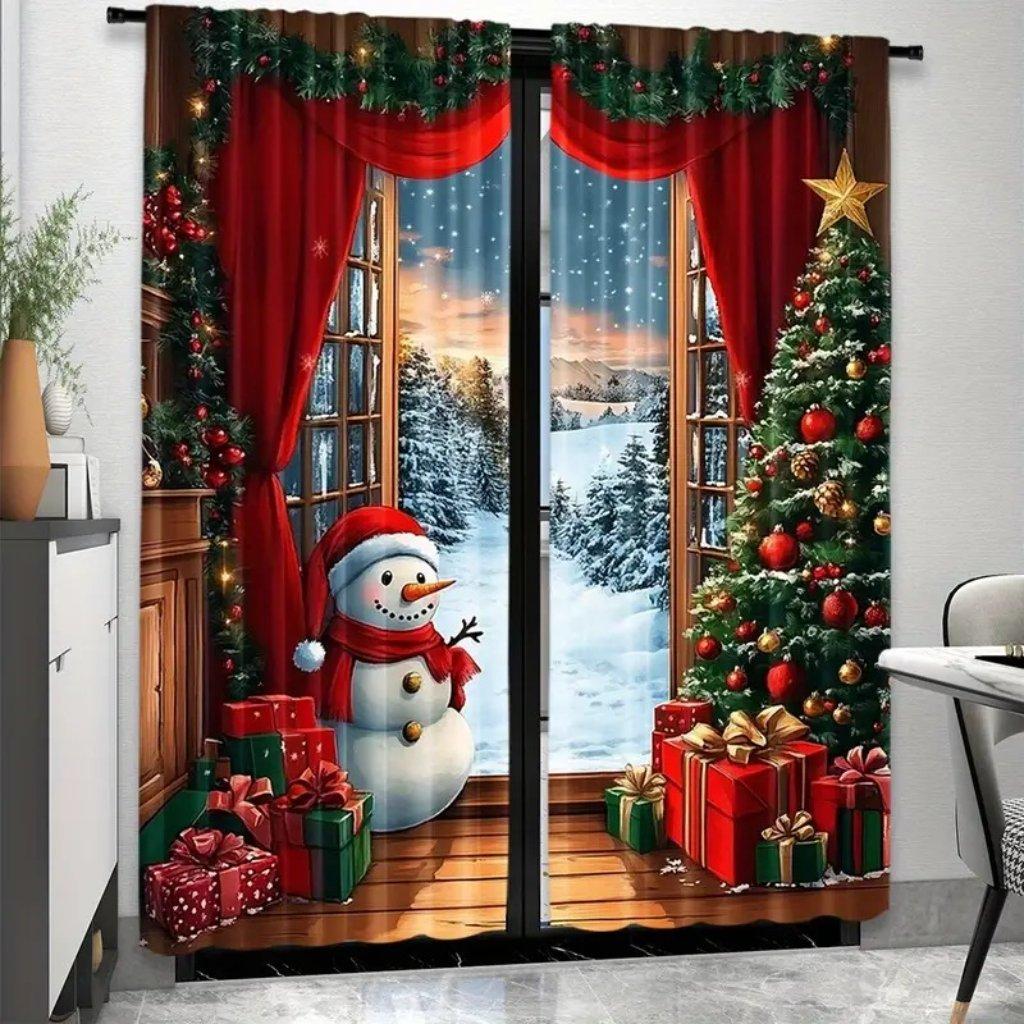 2pcs Luxurious Christmas Curtains With Golden 3D Digital Design Light-Filtering Window Curtain for Living Room, Bedroom, Office,