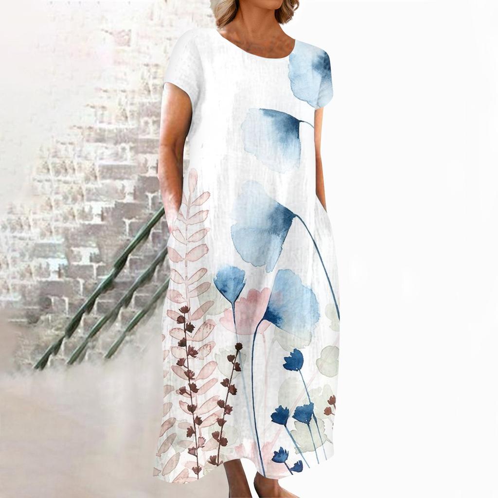 Fashion Women's Summer Round Neck Casual Fashion Printed Pullover Short Sleeve  Dress