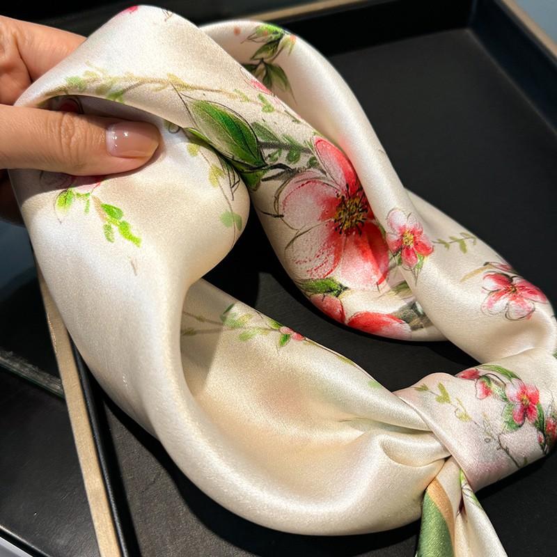 100% Pure Silk Square Scarf Women Floral Plum Blossom Print 53x53cm Lightweight Fashion Accessory Wear