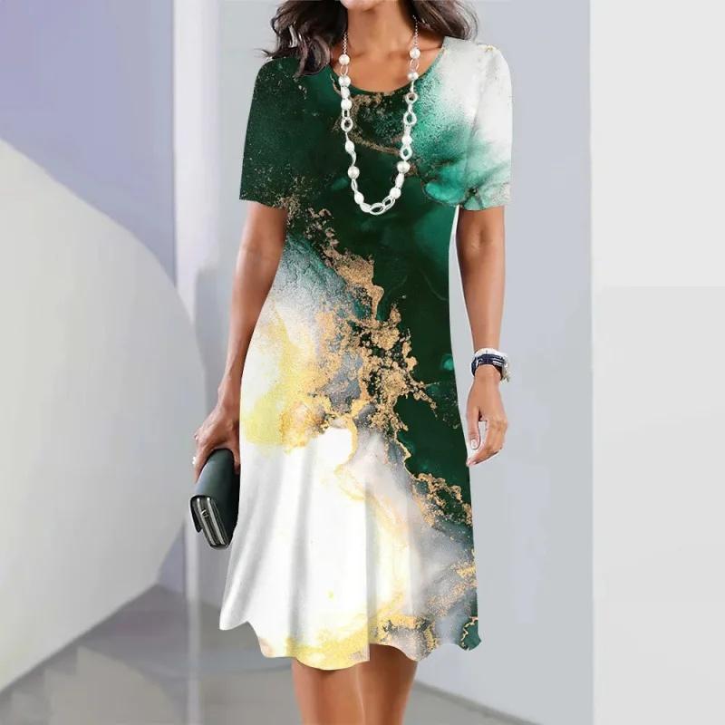Модное повседневное женское платье с круглым вырезом и 3D цифровой печатью с цветочным рисунком, большого размера, длиной до колена, из полиэфирного волокна, с заниженной талией
