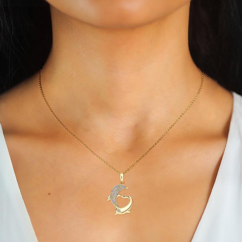 Серебряный Гламурный Бордюр Модный 10k Настоящее Золото Муассанит Подвеска Дельфин, Нишевый Стиль Цепочка на Ключицу, Дизайнерское Ожерелье Высокого Класса