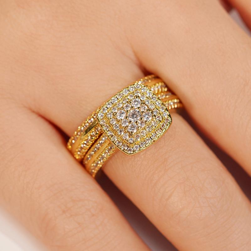 2 шт./набор Модные свадебные кольца для женщин Роскошный золотой цвет Ослепительные цирконии Ювелирные украшения для пальцев Модные аксессуары для помолвки