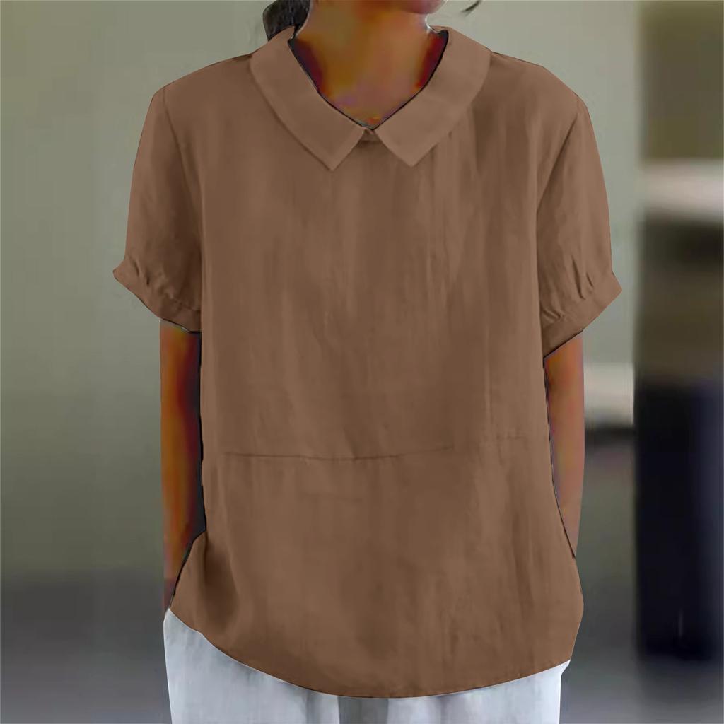 Womens Casual Peter Pan Collar Blouse Summer Loose Cotton Blouse Linen Tops Solid Color Short Sleeve Casual Ladies Breathable Shirt