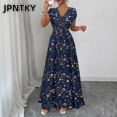 JPNTKY Модные летние весенние повседневные платья с коротким рукавом и V-образным вырезом