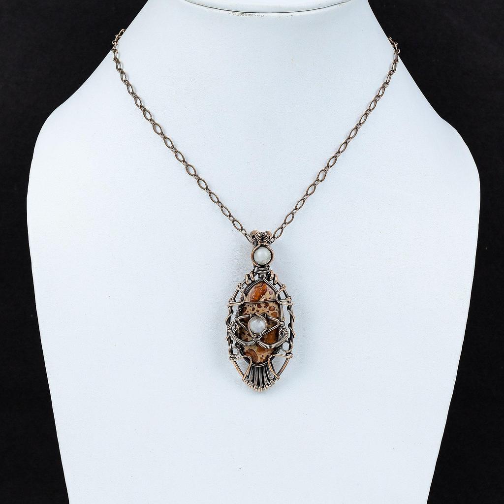 Подвеска из медной проволоки с астероидом и яшмой, кулон ручной работы, уникальный кулон, кулон из драгоценного камня, Радужный лунный камень, ювелирное изделие, подарок для нее