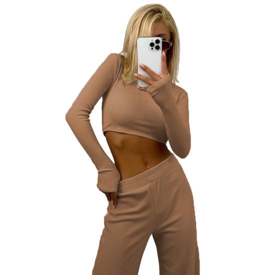Женский комплект для отдыха из 2 предметов: кроп-топ с длинным рукавом и широкие брюки. Осенний костюм с круглым вырезом. Повседневные наряды